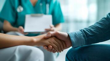 Two hands shaking in a supportive healthcare interaction, soft background photo