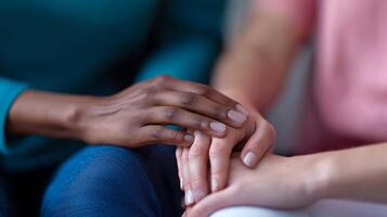 Two hands reaching out, showing compassion and support on a soft background. photo