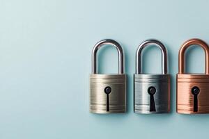Three colorful locks on a blue background, symbolizing security and protection. photo