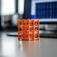 3D printed orange structure on a workspace, modern design and blurred background. photo