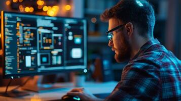 Man programming on computer monitor with code in dark room, illuminated environment. photo