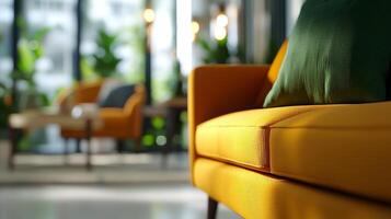 Cozy and modern living room with stylish yellow sofa and green accent pillow. photo