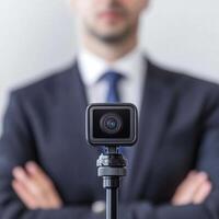 Professional man standing confidently in a suit, camera in focus, blurred background. photo