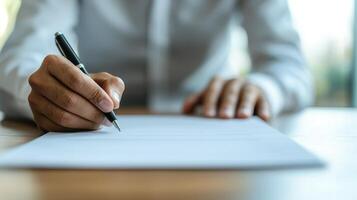 Person writing on a blank sheet of paper with a pen on a wooden table. photo