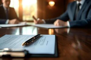 Close-up of documents on a desk with a pen, blurred people in background. photo