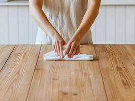 Hands folding a napkin on a wooden table in a cozy kitchen. photo