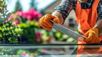 Gardener trimming a plant with gloves in a colorful garden setting. photo