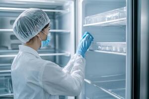 Scientist in lab coat organizing samples in a refrigerator, clean and sterile environment. photo