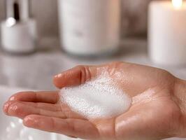 Foamy cleanser in hand with a serene, relaxing background. photo