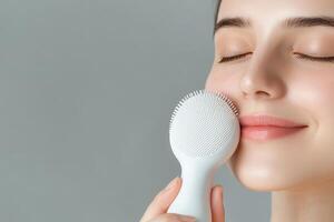 Woman using a facial cleansing device, soft skin, gray background. photo