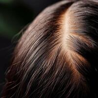 Close-up of shiny hair with a natural parting on a dark background. photo