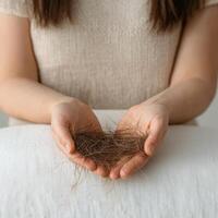 Hands holding a bundle of hair, soft white background. photo