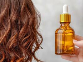 Hand holding brown serum bottle with golden cap, wavy hair in the background. photo
