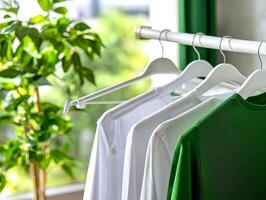 Stylish clothes hanging on a rack with green plant in a bright room. photo