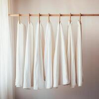 Elegant white clothes hanging neatly on a wooden rack against a soft background. photo