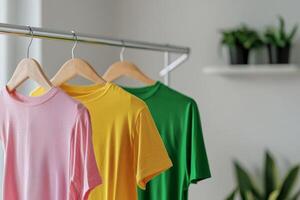Colorful t-shirts hanging on a rack, vibrant and stylish design photo
