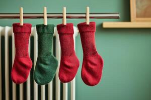 Four colorful knitted socks hanging on a clothesline against a soft green wall. photo