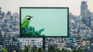 Vibrant green bird perched on a billboard amid a cityscape background. photo