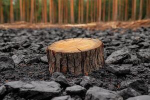 Tree stump on rocky ground in a forest setting, natural background with earthy tones. photo