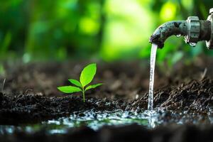 Water flows from a tap onto a small green plant in rich, dark soil. photo