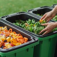 Hands sorting organic waste into green bins on a sunny day. photo