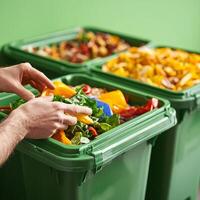 Person sorting compostable waste into green bins for recycling. photo