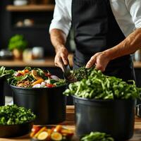 Chef preparing fresh vegetables in a modern kitchen environment. photo