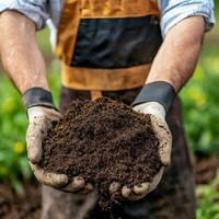 Hands holding rich soil, ready for planting in a vibrant garden. photo