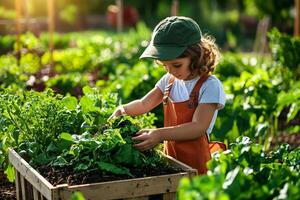 Child harvesting fresh greens in a garden with sunlight filtering through leaves. photo