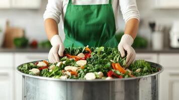 Hands sorting fresh vegetables in a large metal bowl in kitchen environment. photo