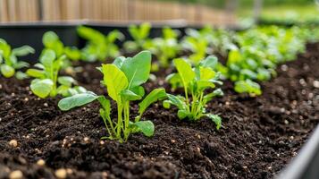 Fresh green seedlings growing in rich soil, nourishing environment. photo