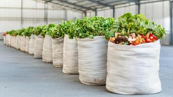 Bags of fresh vegetables lined up in a warehouse setting. photo
