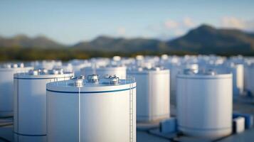 Storage tanks in a facility with mountains in the background, clear blue sky. photo