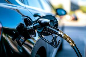 Fuel pump nozzle filling gas tank of a modern car, close-up view. photo