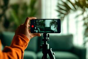 Person recording a with smartphone on tripod in cozy living room. photo