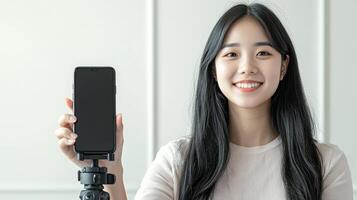 Smiling woman holding smartphone on tripod in bright indoor setting. photo