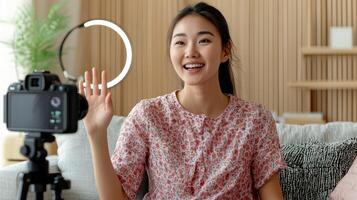 Cheerful woman recording a blog in a cozy indoor setting, smiling brightly. photo