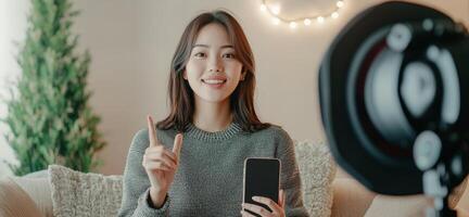 Smiling woman recording content at home with smartphone and soft lighting. photo