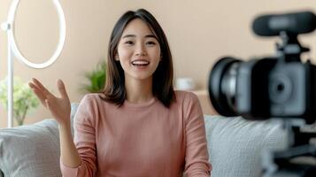 Young woman smiling and vlogging in a bright indoor setting. photo