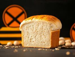 Freshly baked loaf of bread, close-up on black background, appetizing texture. photo