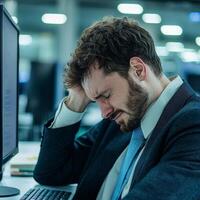 Stressed businessman suffering from work pressure at desk with computer. photo