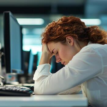 Stressed office worker with head in hands at desk during a busy workday. photo