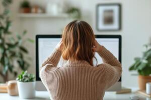 A person looking at a computer screen, feeling stressed in a modern workspace. photo