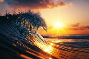 Sunset wave crashing in the ocean with vibrant colors and reflections. photo