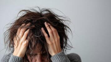 Person with messy hair expressing stress and frustration in a neutral setting. photo