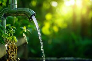 Water flowing from a tap surrounded by lush greenery and sunlight. photo