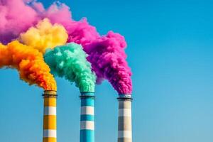 Colorful smoke emissions from industrial chimneys against a clear blue sky. photo