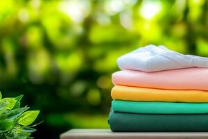 Stack of colorful t-shirts on a table with a lush green background photo