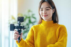 Smiling woman in a yellow sweater holding a camera on a stabilizer. photo
