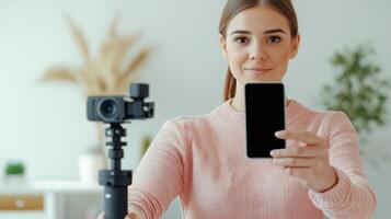 Woman showcasing smartphone while standing next to a camera stabilizer. photo